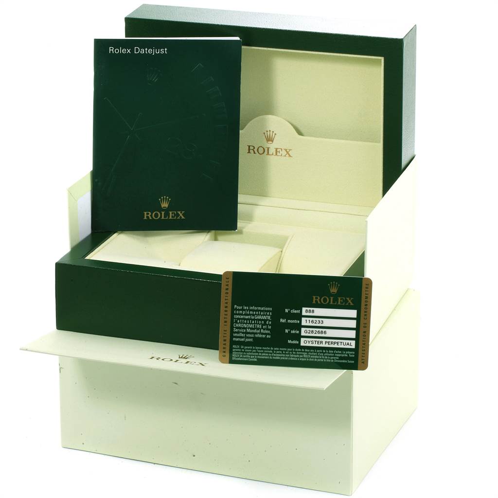 The image shows the packaging, a booklet, and a certification card for a Rolex Datejust 116233 Men's Stainless Steel Champagne Dial 116233 Men's Stainless Steel Champagne Dial watch.