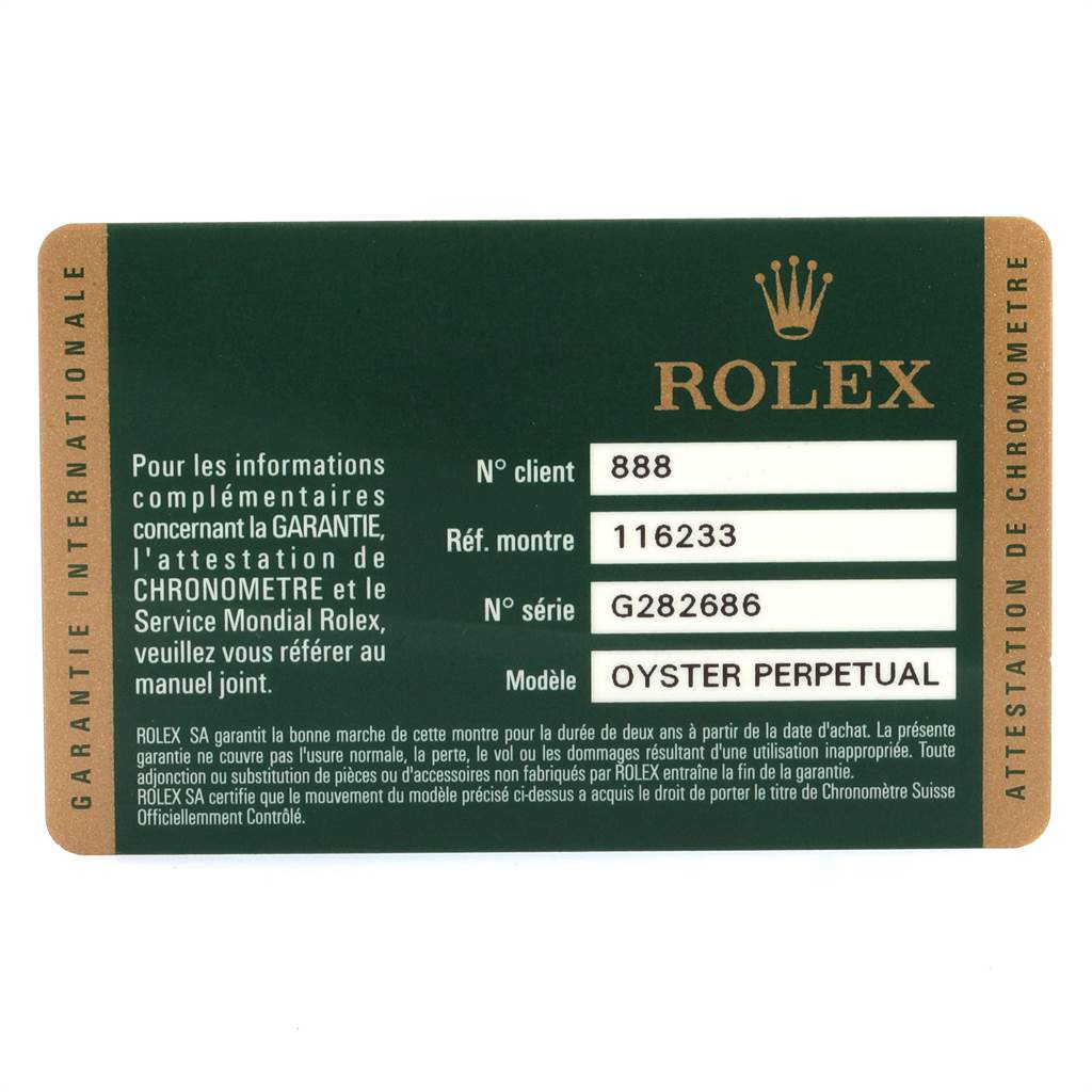 This image shows the warranty card for a Rolex Datejust 116233 Men's Stainless Steel Champagne Dial 116233 Men's Stainless Steel Champagne Dial model, detailing customer number, reference number, and serial number.