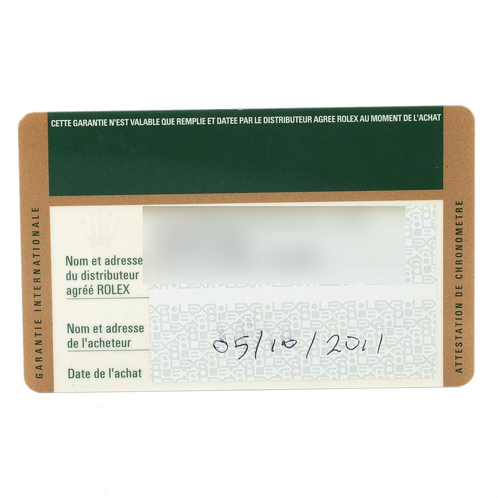 This image shows a warranty card for a Rolex Datejust 116233 Men's Stainless Steel Champagne Dial 116233 Men's Stainless Steel Champagne Dial watch, displaying the purchase date and fields for dealer and buyer information.