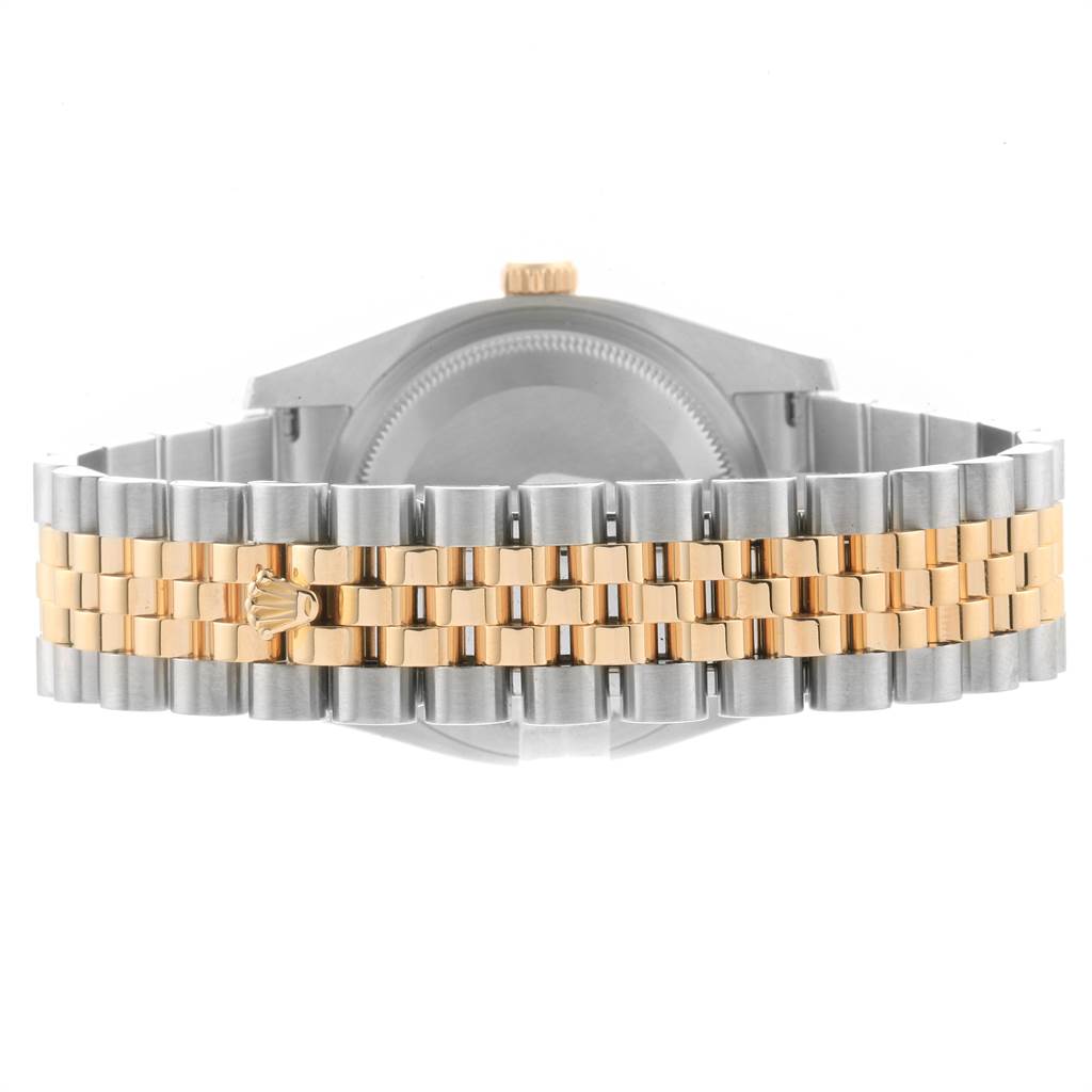 The image shows the back view of a Rolex Datejust 116233 Men's Stainless Steel Champagne Dial 116233 Men's Stainless Steel Champagne Dial watch, focusing on its two-tone metal bracelet and clasp.