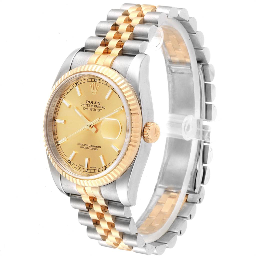 The Rolex Datejust 116233 Men's Stainless Steel Champagne Dial 116233 Men's Stainless Steel Champagne Dial watch is shown at a slight angle, highlighting the dial, bezel, crown, and two-tone bracelet.