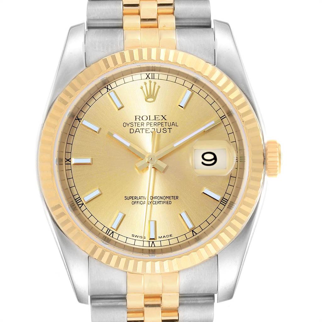 The image shows a front view of the Rolex Datejust 116233 Men's Stainless Steel Champagne Dial 116233 Men's Stainless Steel Champagne Dial watch, highlighting its dial, bezel, hands, and date window.
