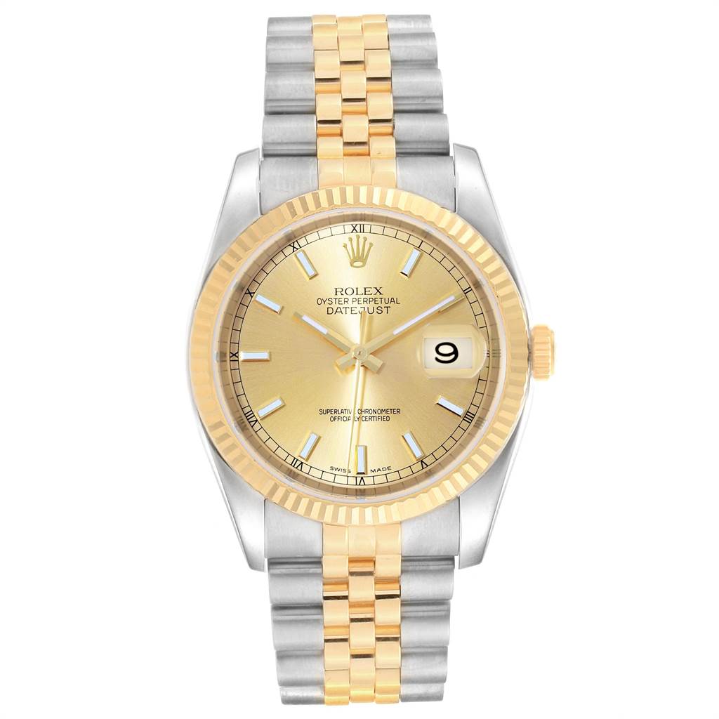 This image shows a Rolex Datejust 116233 Men's Stainless Steel Champagne Dial 116233 Men's Stainless Steel Champagne Dial watch from a front view, displaying the face, bezel, strap, and date window.