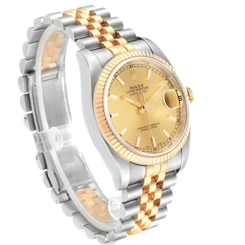 The Rolex Datejust 116233 Men's Stainless Steel Champagne Dial 116233 Men's Stainless Steel Champagne Dial watch is shown at an angle displaying its gold dial, bezel, and two-tone Jubilee bracelet.
