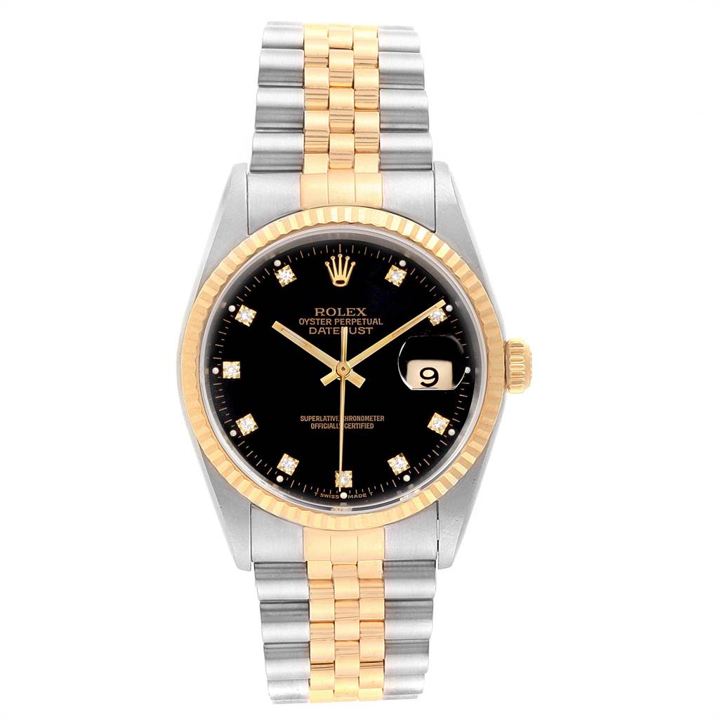 The image shows a front view of a Rolex Datejust 16233 Men's Steel and Gold (two tone) Black Dial 16233 Men's Steel and Gold (two tone) Black Dial watch displaying its face, bezel, and bracelet.
