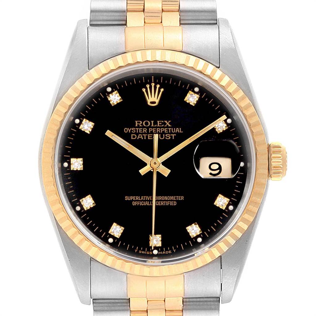 This is a frontal view of the Rolex Datejust 16233 Men's Steel and Gold (two tone) Black Dial 16233 Men's Steel and Gold (two tone) Black Dial watch showcasing its black dial, date window, and two-tone bracelet.