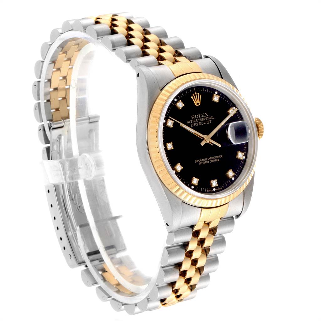 The image shows a Rolex Datejust 16233 Men's Steel and Gold (two tone) Black Dial 16233 Men's Steel and Gold (two tone) Black Dial watch at a three-quarter angle, highlighting its two-tone bracelet and black dial with diamond hour markers.