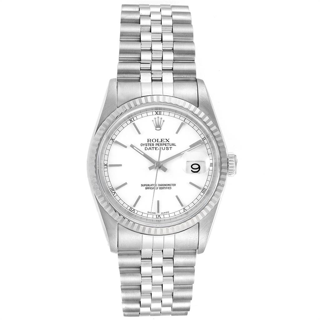 The image shows a front view of a Rolex Datejust 16234 Men's Stainless Steel White Dial 16234 Men's Stainless Steel White Dial watch, highlighting its dial, bezel, and bracelet.