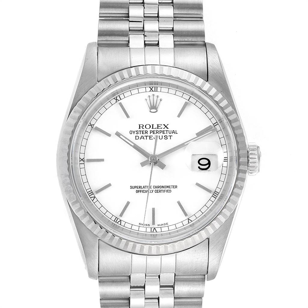 This image shows a front view of a Rolex Datejust 16234 Men's Stainless Steel White Dial 16234 Men's Stainless Steel White Dial watch, highlighting its dial, hands, bezel, and bracelet.