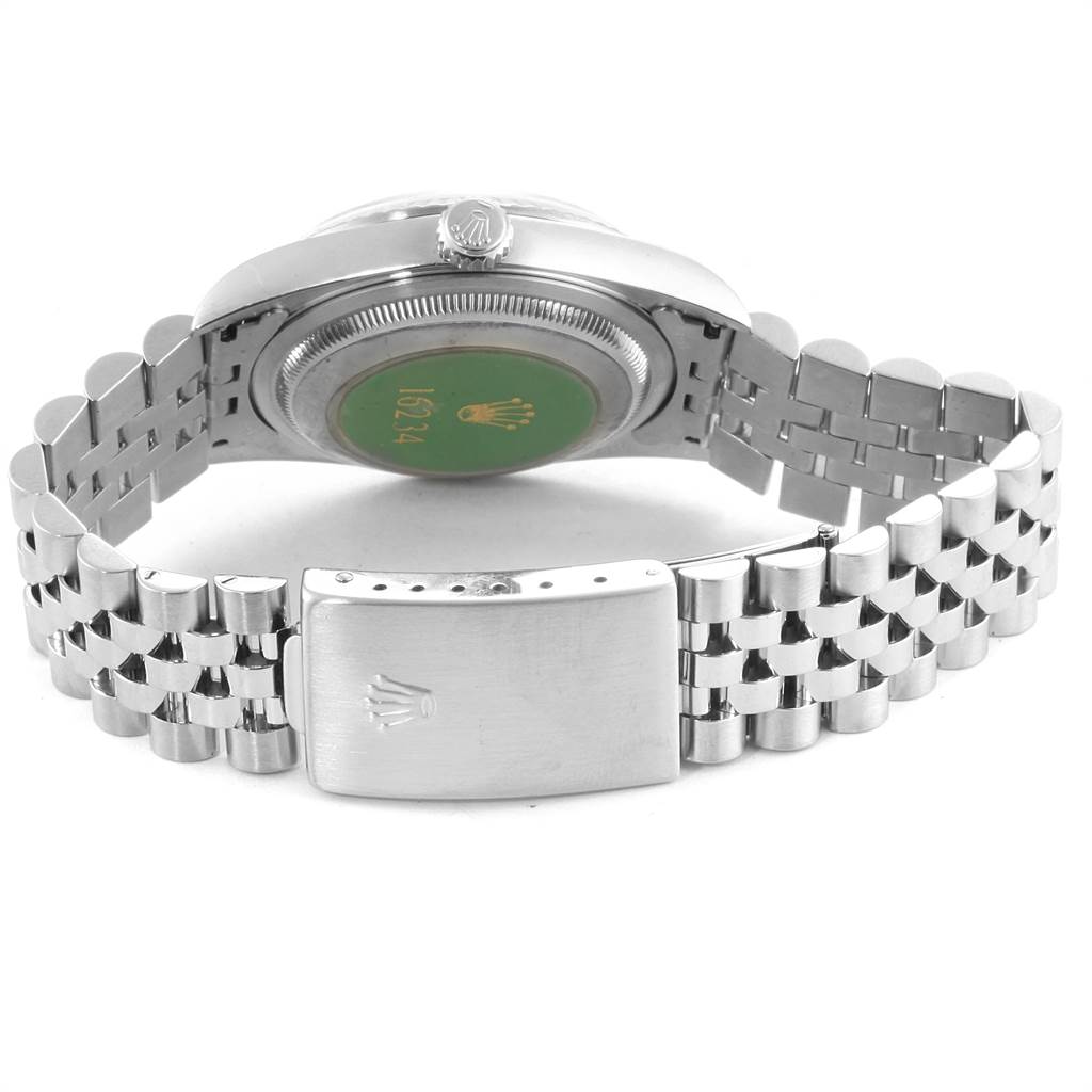 The image shows the back, side, and stainless steel bracelet of a Rolex Datejust 16234 Men's Stainless Steel White Dial 16234 Men's Stainless Steel White Dial watch with the clasp visible.