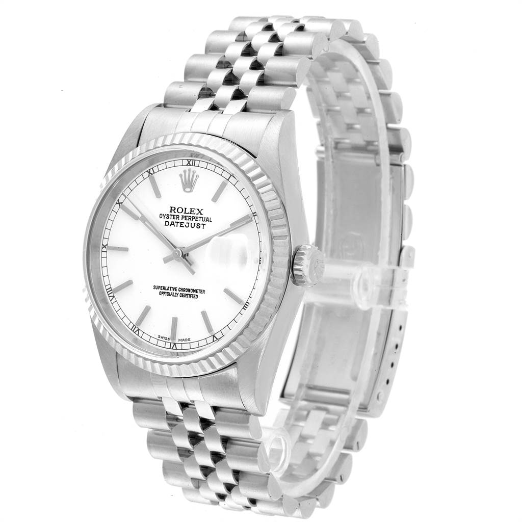 The image shows a full view of the Rolex Datejust 16234 Men's Stainless Steel White Dial 16234 Men's Stainless Steel White Dial watch from a slight angle, displaying the face, bezel, crown, and bracelet.
