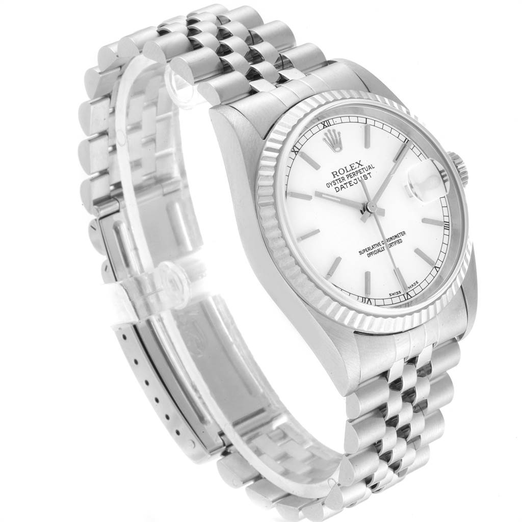 The image shows a Rolex Datejust 16234 Men's Stainless Steel White Dial 16234 Men's Stainless Steel White Dial watch angled from the top-side, displaying the face, crown, and Oyster bracelet.