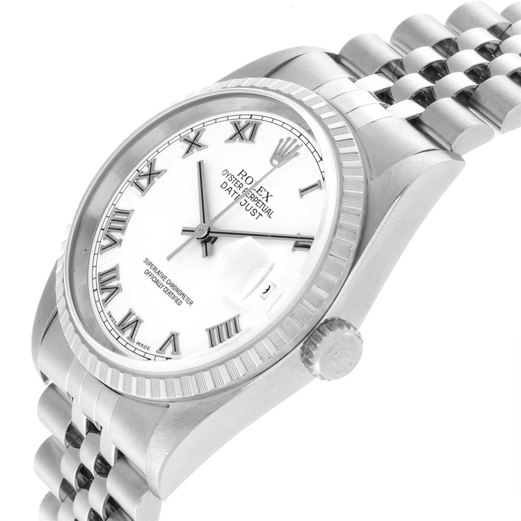 The image shows a Rolex Datejust 16220 Men's Stainless Steel White Dial 16220 Men's Stainless Steel White Dial watch at a slight angle, revealing the face, crown, and bracelet.