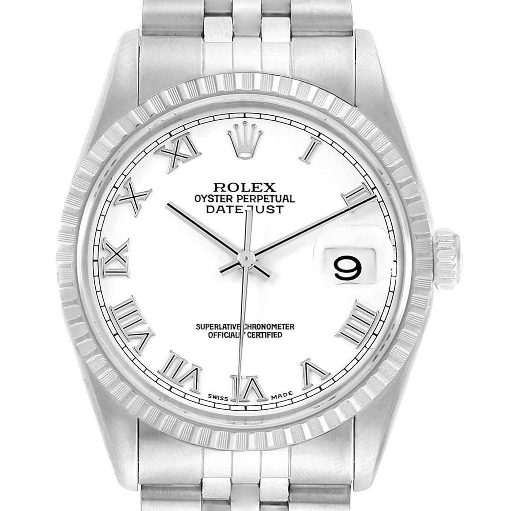 The image shows a front view of a Rolex Datejust 16220 Men's Stainless Steel White Dial 16220 Men's Stainless Steel White Dial watch with a stainless steel case, Roman numeral markers, and a date display at 3 o'clock.