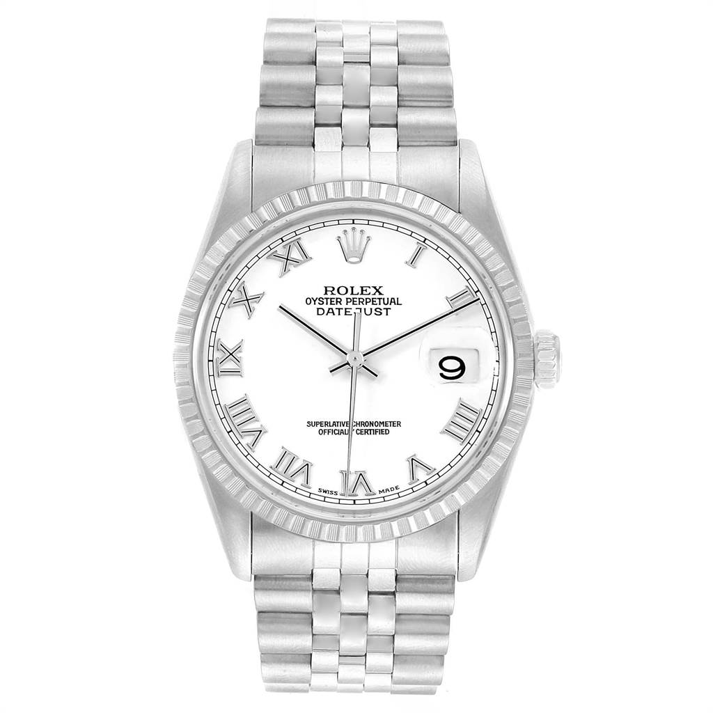 This image shows a front view of the Rolex Datejust 16220 Men's Stainless Steel White Dial 16220 Men's Stainless Steel White Dial watch with its dial, hands, bezel, and bracelet clearly visible.