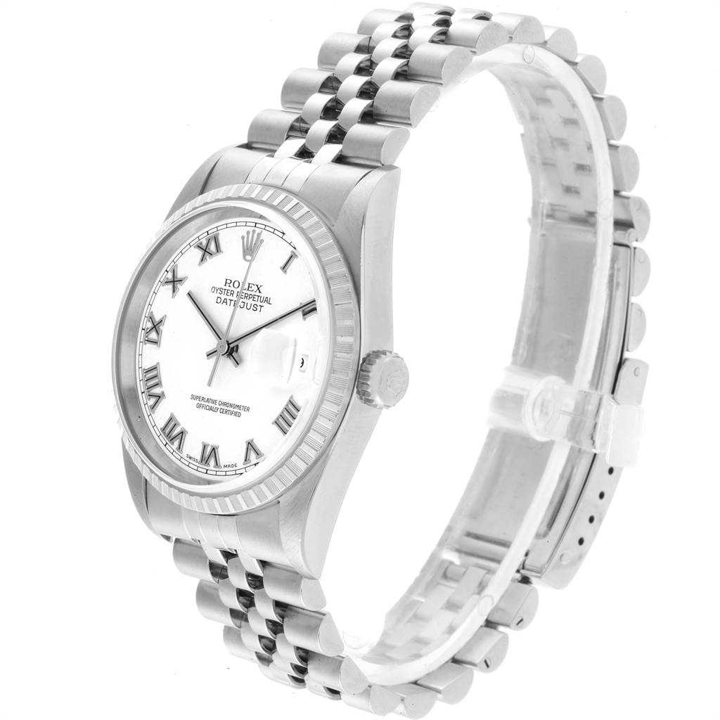 The Rolex Datejust 16220 Men's Stainless Steel White Dial 16220 Men's Stainless Steel White Dial watch is shown at a slight angle, displaying its face, bezel, crown, bracelet, and clasp.