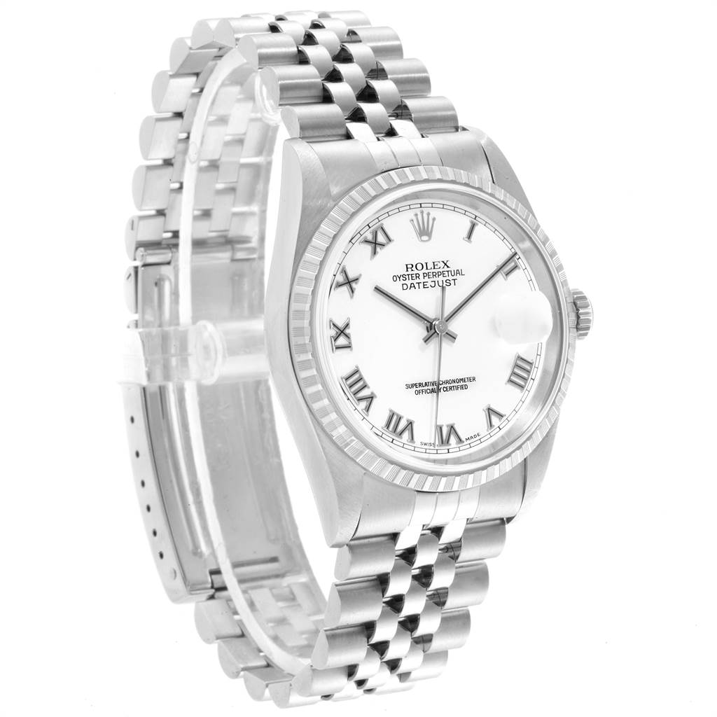 The image shows a Rolex Datejust 16220 Men's Stainless Steel White Dial 16220 Men's Stainless Steel White Dial watch at a three-quarter angle, highlighting its dial, bezel, and bracelet.