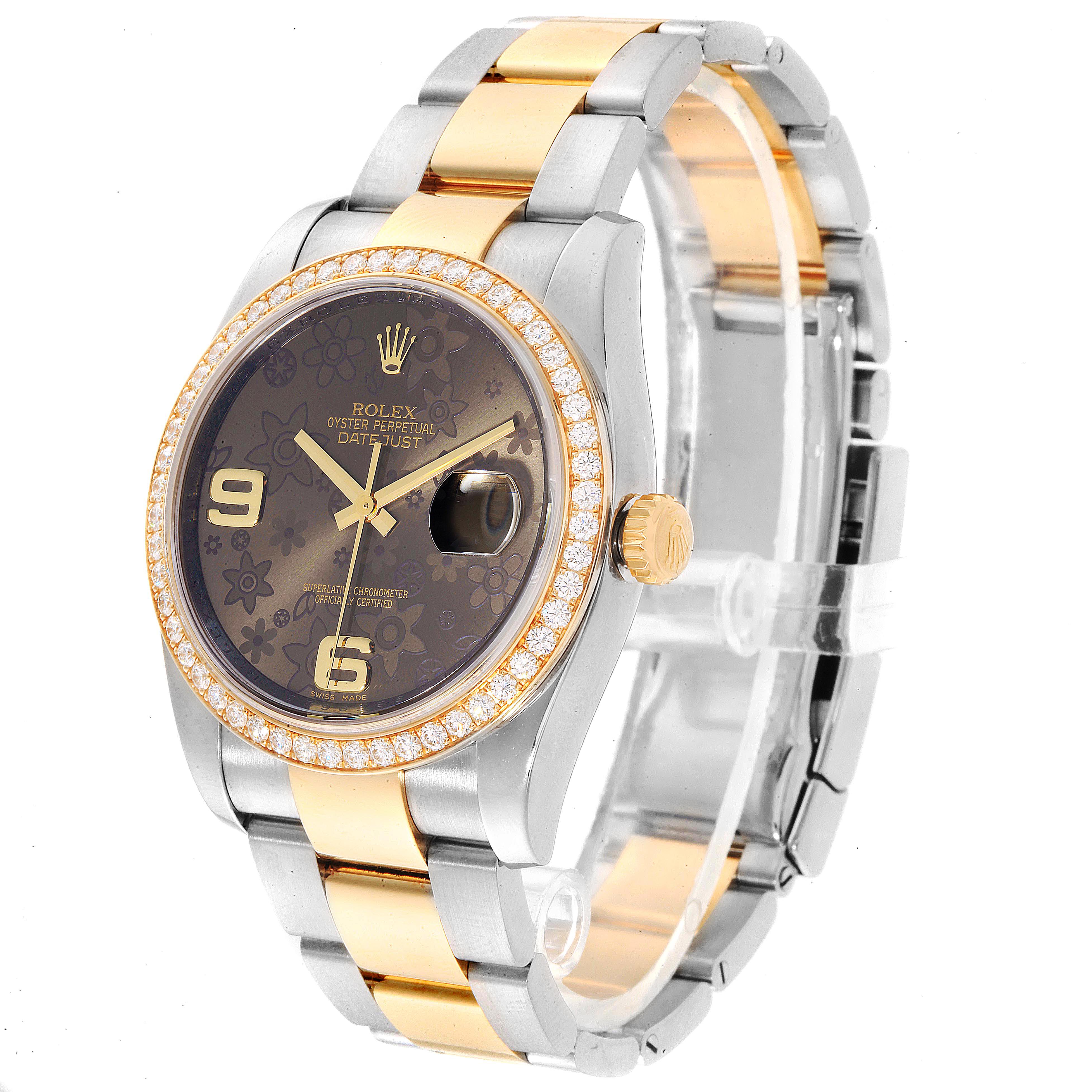 The image shows a Rolex Datejust 116243 Women's Steel and Gold (two tone) Brown Dial 116243 Women's Steel and Gold (two tone) Brown Dial watch from a three-quarter angle, highlighting its dial, bezel, and bracelet.