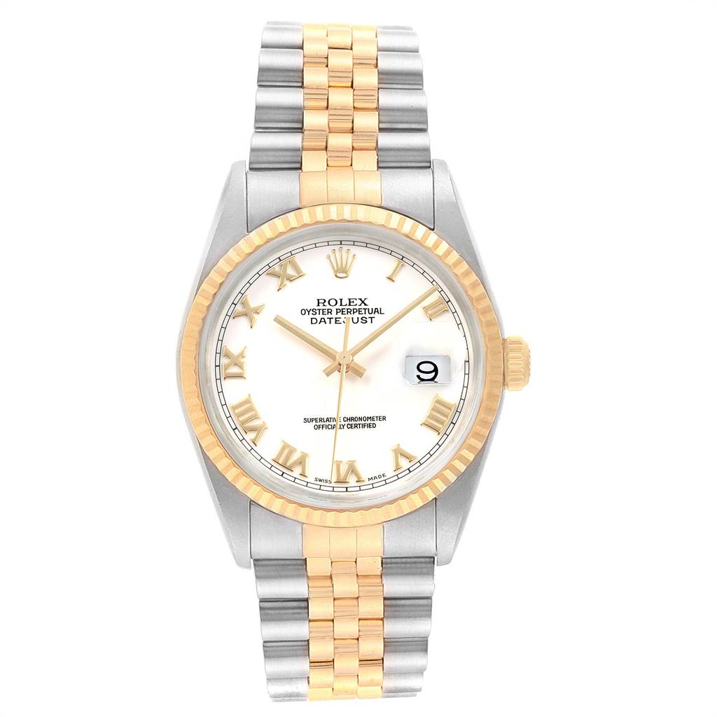 The image shows a front view of a Rolex Datejust 16233 Men's Steel and Gold (two tone) White Dial 16233 Men's Steel and Gold (two tone) White Dial watch with a white dial, gold bezel, and two-tone metal bracelet.