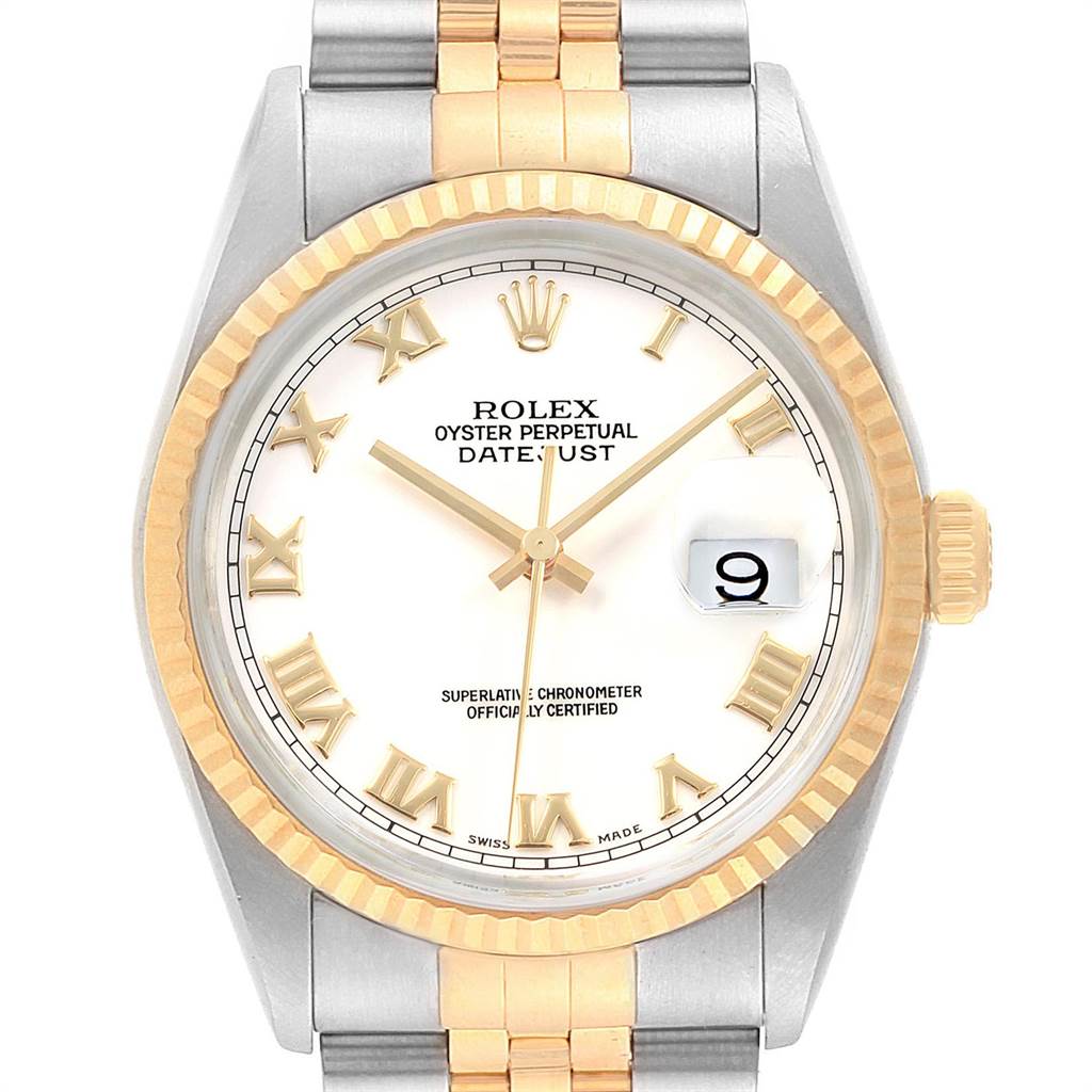 This is a front view of the Rolex Datejust 16233 Men's Steel and Gold (two tone) White Dial 16233 Men's Steel and Gold (two tone) White Dial watch showing the dial, two-tone bracelet, fluted bezel, and date window.