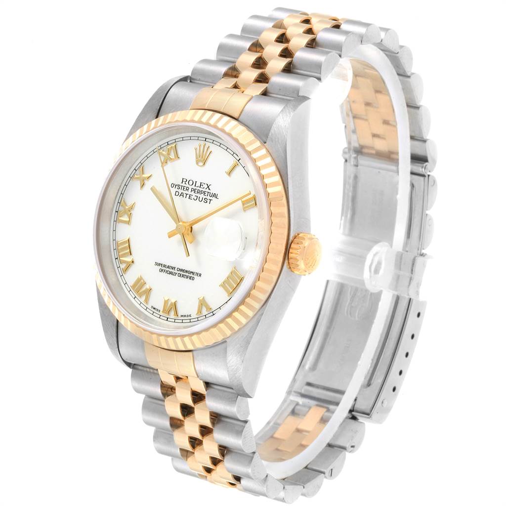 The Rolex Datejust 16233 Men's Steel and Gold (two tone) White Dial 16233 Men's Steel and Gold (two tone) White Dial watch is shown at a three-quarter angle, highlighting the face, bezel, crown, and Jubilee bracelet.