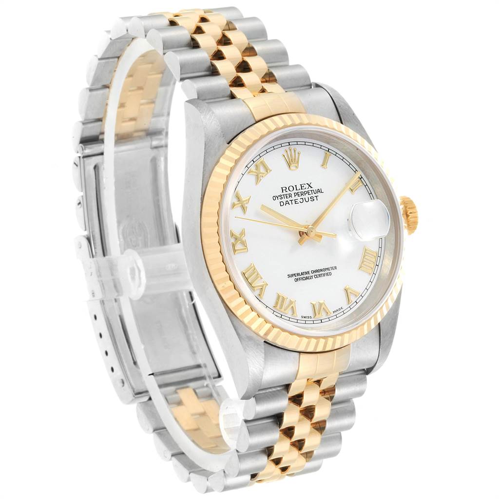 This image shows a Rolex Datejust 16233 Men's Steel and Gold (two tone) White Dial 16233 Men's Steel and Gold (two tone) White Dial watch at a three-quarter angle, highlighting its dial, bezel, and two-tone bracelet.
