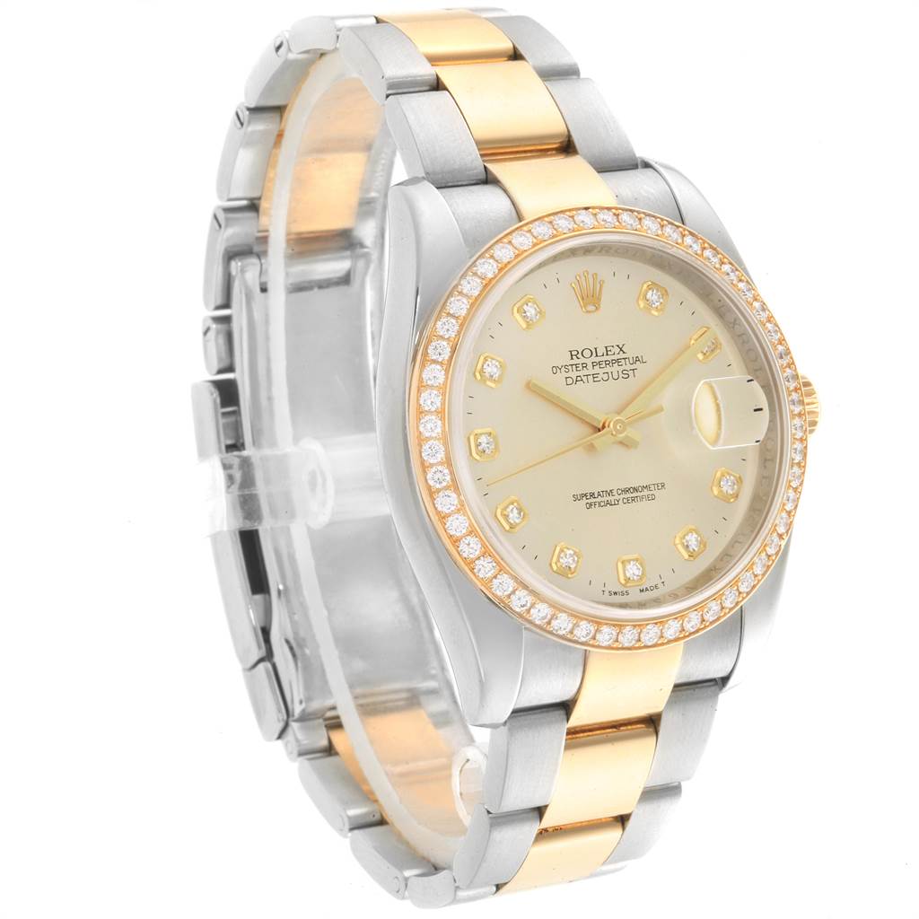 This Rolex Datejust 116243 Men's Stainless Steel Silver Dial 116243 Men's Stainless Steel Silver Dial watch is shown at a three-quarter angle highlighting its face, bezel, and two-tone bracelet.