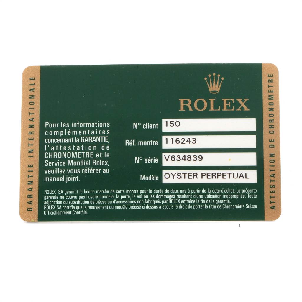 This is a warranty card for the Rolex Datejust 116243 Men's Stainless Steel Silver Dial 116243 Men's Stainless Steel Silver Dial model, showing information such as client number, reference, serial number, and model name.
