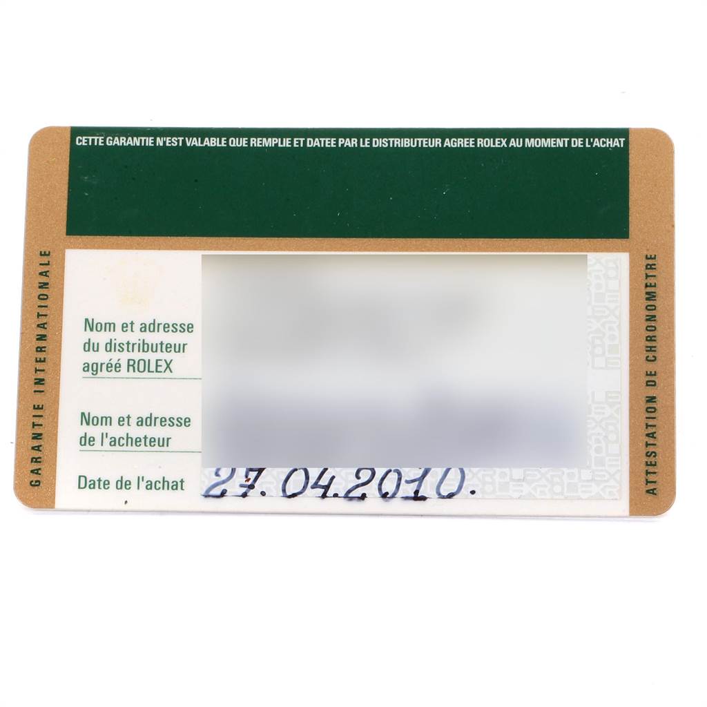 This image shows a warranty card for a Rolex Datejust 116243 Men's Stainless Steel Silver Dial 116243 Men's Stainless Steel Silver Dial watch, detailing purchase information and dealer details.