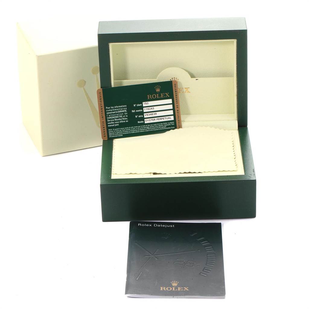 The image shows a Rolex Datejust 116243 Men's Stainless Steel Silver Dial 116243 Men's Stainless Steel Silver Dial box, authenticity card, cleaning cloth, and instruction manual from a front angle.
