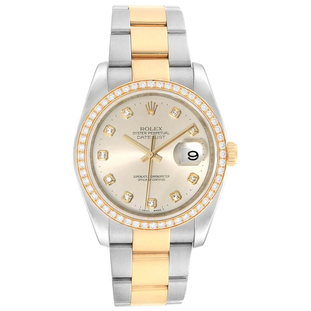 This image shows a frontal view of a Rolex Datejust 116243 Men's Stainless Steel Silver Dial 116243 Men's Stainless Steel Silver Dial watch with a two-tone metal bracelet and diamond bezel.