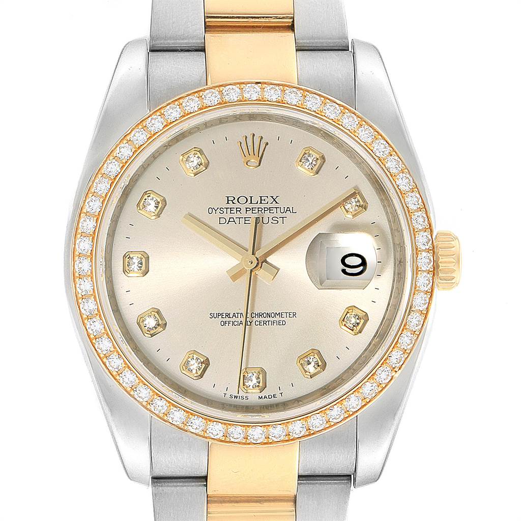 This image shows a close-up, front angle of a Rolex Datejust 116243 Men's Stainless Steel Silver Dial 116243 Men's Stainless Steel Silver Dial watch, featuring a diamond bezel, gold accents, and date window.