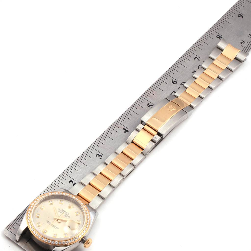 The image shows a Rolex Datejust 116243 Men's Stainless Steel Silver Dial 116243 Men's Stainless Steel Silver Dial model watch laid flat, highlighting its two-tone bracelet and measuring approximately 7.5 inches.