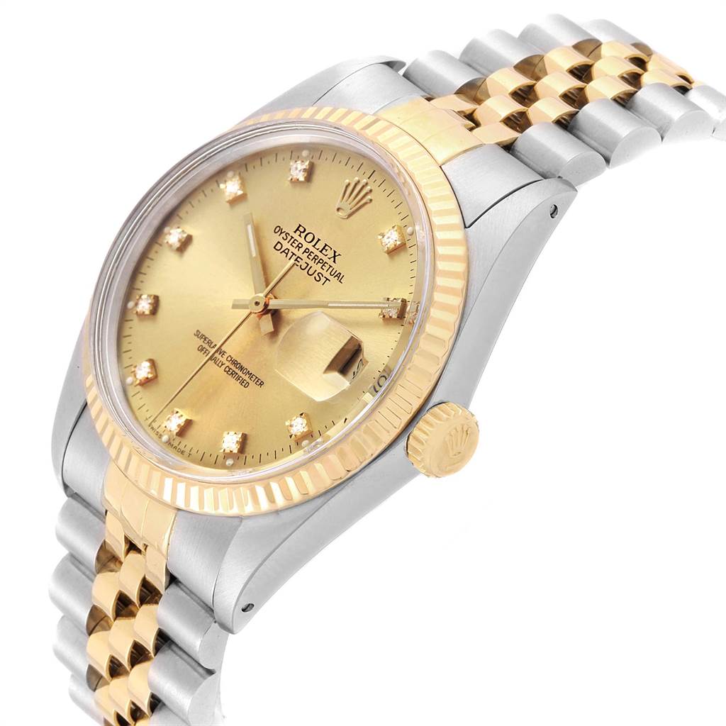 The image shows a side-angle view of a Rolex Datejust 16013 Men's Stainless Steel Champagne Dial 16013 Men's Stainless Steel Champagne Dial watch, highlighting the face, bezel, crown, and part of the bracelet.