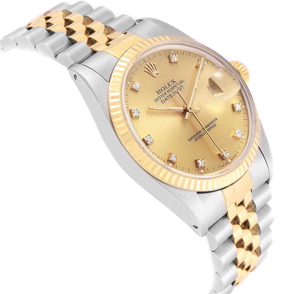 The image shows a Rolex Datejust 16013 Men's Stainless Steel Champagne Dial 16013 Men's Stainless Steel Champagne Dial watch shot at an angle highlighting its face, fluted bezel, and two-tone bracelet.