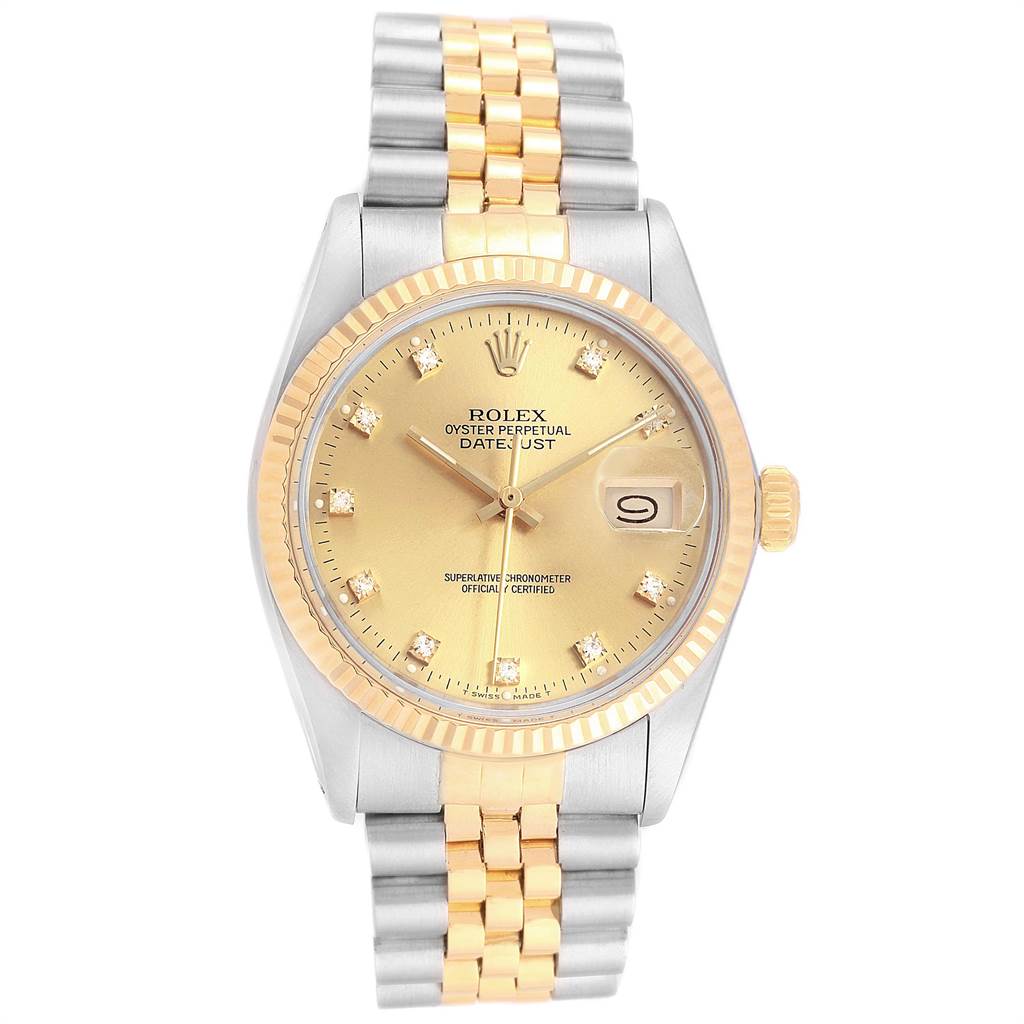 The image shows a frontal view of a Rolex Datejust 16013 Men's Stainless Steel Champagne Dial 16013 Men's Stainless Steel Champagne Dial watch, highlighting the dial, bezel, and bracelet.