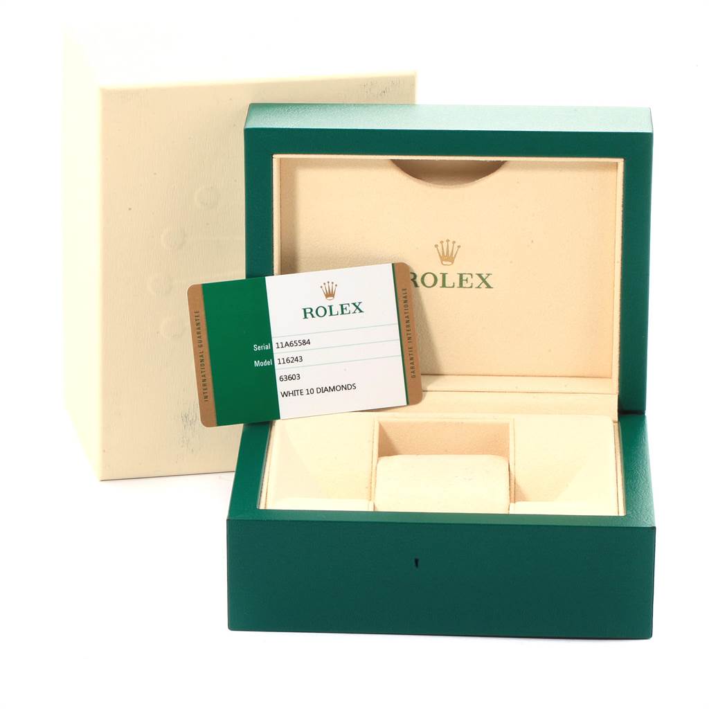The image shows the packaging and warranty card for a Rolex Datejust 116243 Men's Stainless Steel Silver Dial 116243 Men's Stainless Steel Silver Dial model.