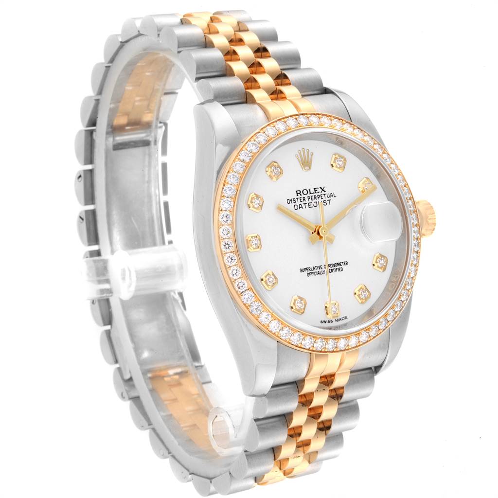 The image shows a Rolex Datejust 116243 Men's Stainless Steel Silver Dial 116243 Men's Stainless Steel Silver Dial watch at a three-quarter angle, highlighting its two-tone bracelet, diamond bezel, and dial.