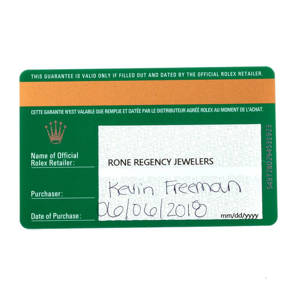 This image shows a guarantee card for a Rolex Datejust 116243 Men's Stainless Steel Silver Dial 116243 Men's Stainless Steel Silver Dial watch, including purchaser details and date of purchase.