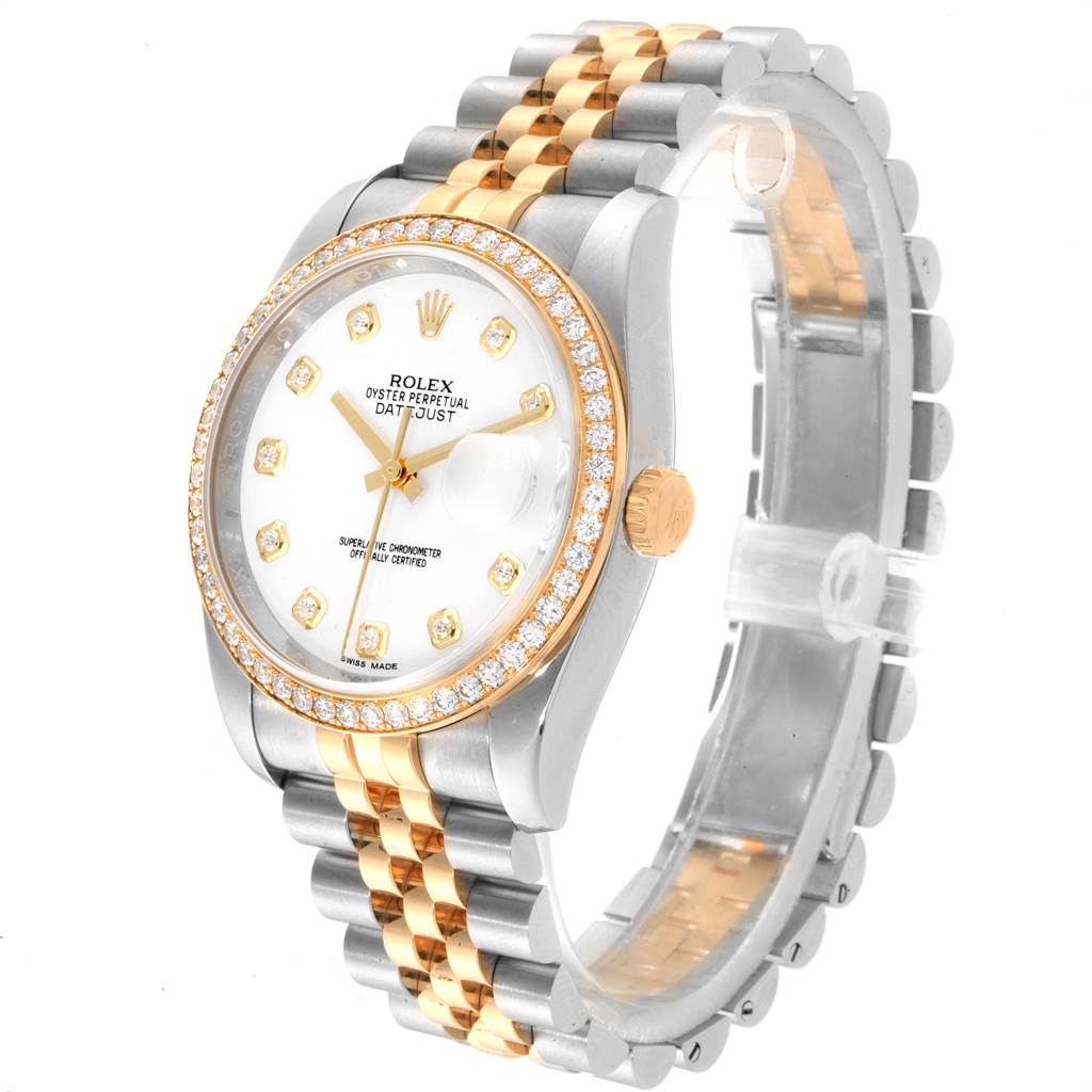 The image shows a Rolex Datejust 116243 Men's Stainless Steel Silver Dial 116243 Men's Stainless Steel Silver Dial watch angled to display the face, bezel, crown, and two-tone Jubilee bracelet.