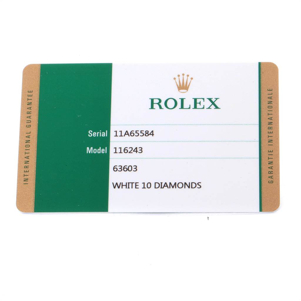 The image shows the warranty card for a Rolex Datejust 116243 Men's Stainless Steel Silver Dial 116243 Men's Stainless Steel Silver Dial watch, model 116243 with serial number 11A65584.