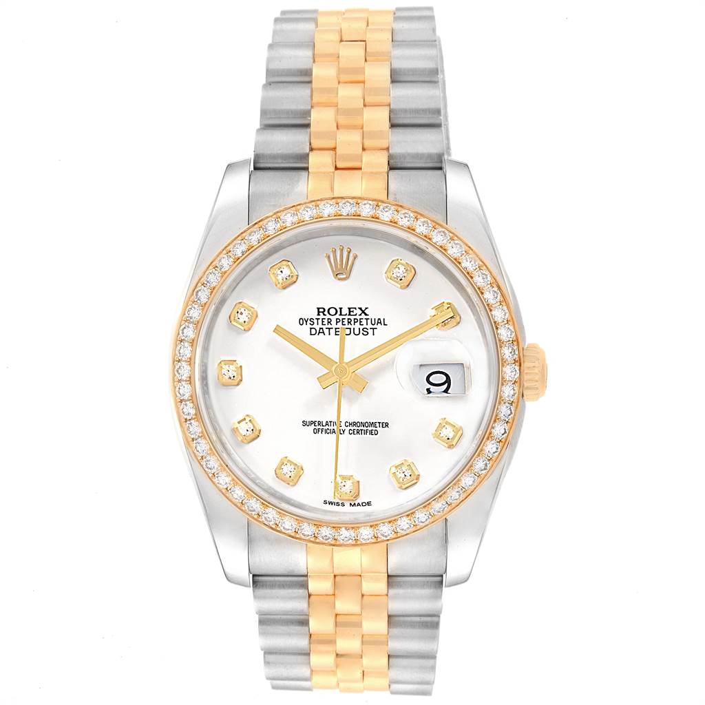 This image shows a Rolex Datejust 116243 Men's Stainless Steel Silver Dial 116243 Men's Stainless Steel Silver Dial watch from a front angle, highlighting its dial, bezel, and bracelet.