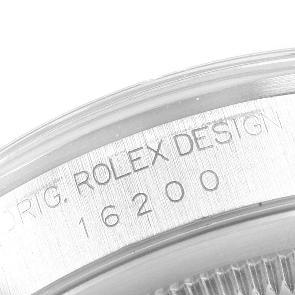This image shows a close-up of the side case of a Rolex Datejust 16200 Men's Stainless Steel Black Dial 16200 Men's Stainless Steel Black Dial, displaying the model number "16200".