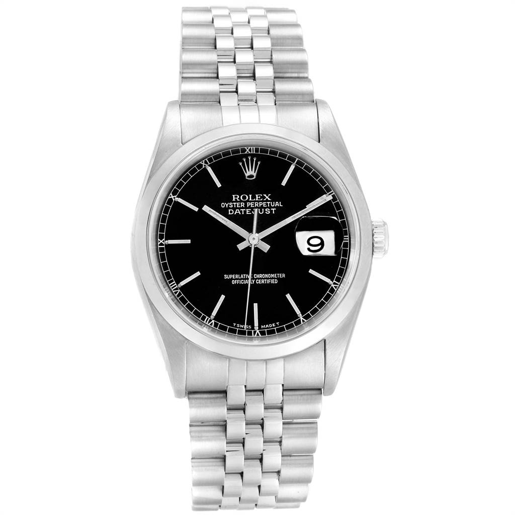 This image shows a front view of a Rolex Datejust 16200 Men's Stainless Steel Black Dial 16200 Men's Stainless Steel Black Dial watch, including the face, bezel, and metal bracelet.