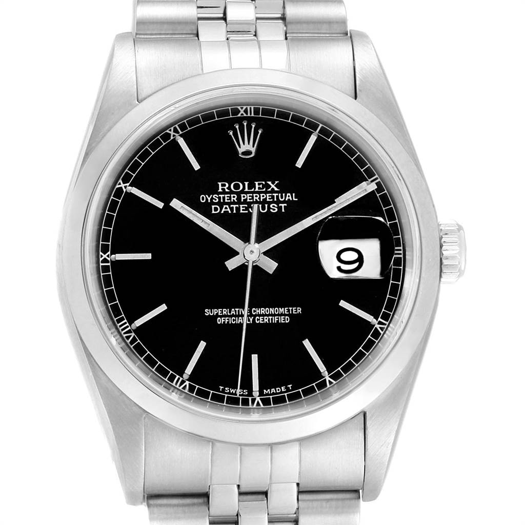 This image shows a front view of a Rolex Datejust 16200 Men's Stainless Steel Black Dial 16200 Men's Stainless Steel Black Dial watch, highlighting its dial, bezel, and bracelet.