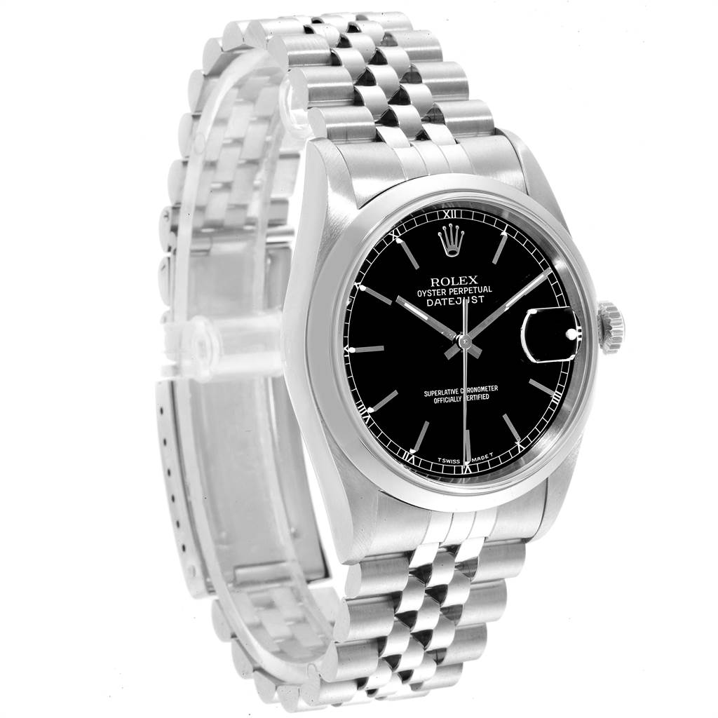 The image shows a Rolex Datejust 16200 Men's Stainless Steel Black Dial 16200 Men's Stainless Steel Black Dial watch in a three-quarter view, highlighting the dial, case, and bracelet.