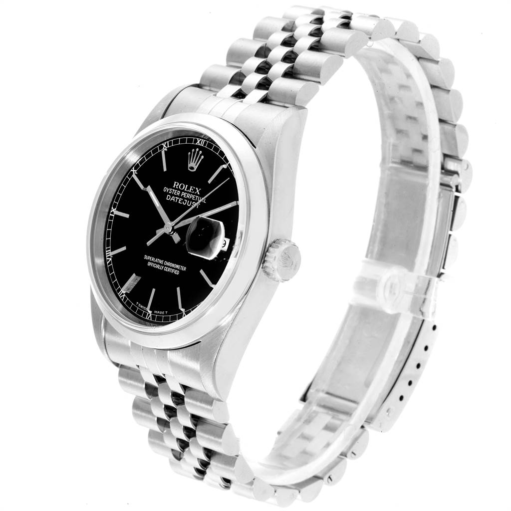 This image shows the Datejust model by Rolex at a three-quarter angle, highlighting the face, bezel, crown, and bracelet.