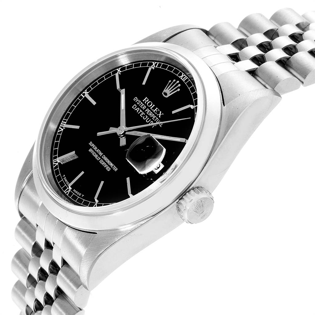 This image shows a side view of a Rolex Datejust 16200 Men's Stainless Steel Black Dial 16200 Men's Stainless Steel Black Dial watch, featuring its bezel, dial, crown, and part of the jubilee bracelet.