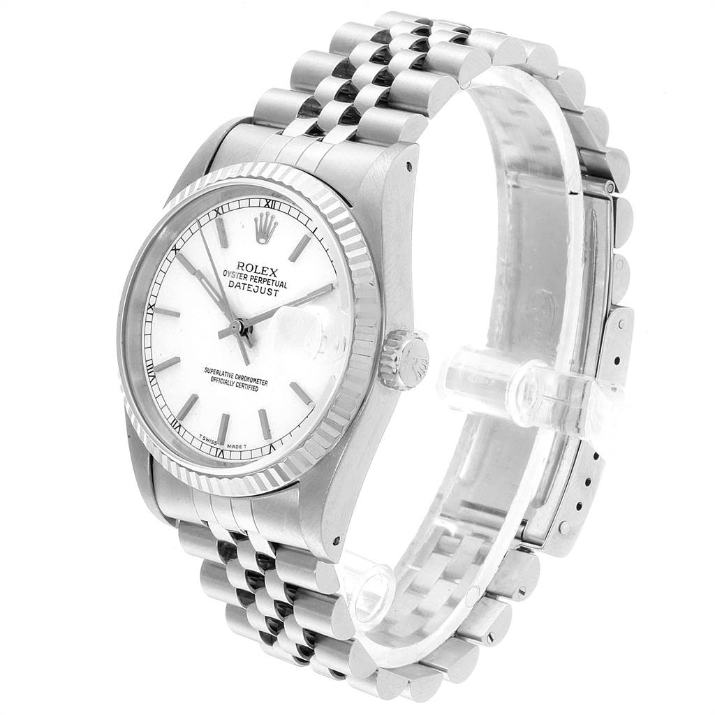This Rolex Datejust 16234 Men's Stainless Steel White Dial 16234 Men's Stainless Steel White Dial watch is shown at an angled view, highlighting its face, bezel, case, and bracelet.