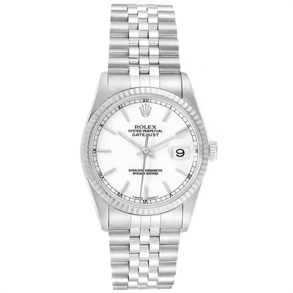 This image shows a full frontal view of a Rolex Datejust 16234 Men's Stainless Steel White Dial 16234 Men's Stainless Steel White Dial watch, including the bracelet and face with date display.